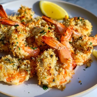 Air fryer garlic parmesan shrimp in a single layer, lightly golden with minced garlic and parmesan in the basket.