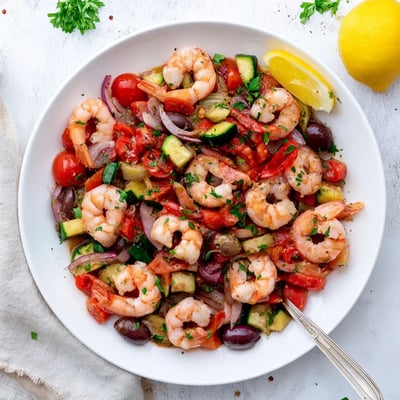 Golden pan-seared Mediterranean shrimp skillet garnished with fresh parsley and lemon wedges