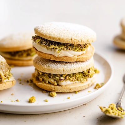 Warm Pistachio Cream Cookies Recipe displayed on wire rack, golden edges.  
