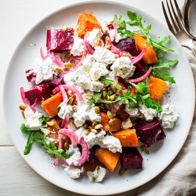 Warm bowl of Creamy Roasted Beet Salad With Sweet Potato Feta, drizzled yogurt dressing