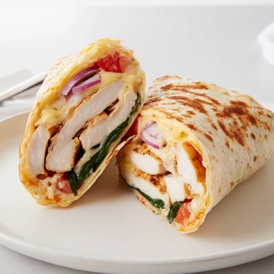Warm Cozy Cheesy Garlic Chicken Wraps stuffed with tender garlic chicken and spinach