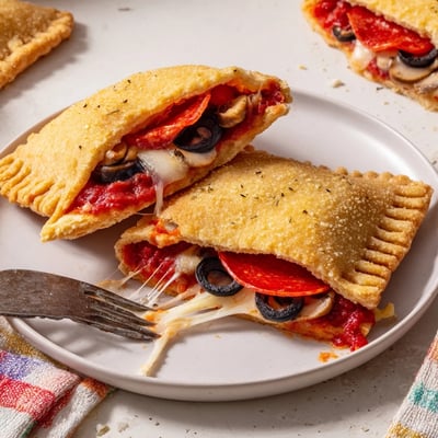 Butter-brushed Pie Iron Pizza Pockets oozing mozzarella and zesty pizza sauce