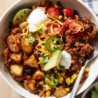 Warm, tangy toppings crown the Loaded Potato Taco Bowl, ready to serve.