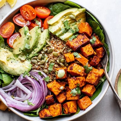 Bright Roasted Sweet Potato Quinoa Salad Bowl, fluffy quinoa, creamy avocado, crunchy seeds
