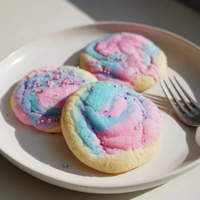 Cotton candy cookies topped with colorful sprinkles arranged on a rustic white serving plate