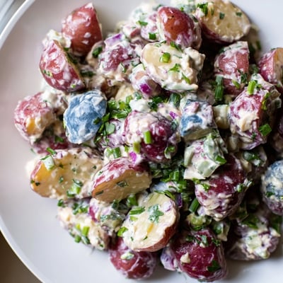 Colorful red white blue potato salad with celery and tangy mustard dressing