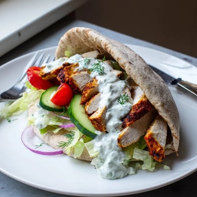 Juicy seasoned chicken tucked inside soft pita bread with fresh cucumber and tomato