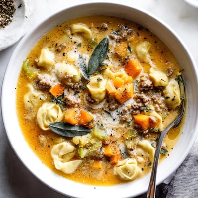 Golden butternut squash sausage tortellini soup topped with melted Parmesan and fried sage leaves