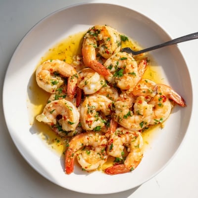 Tender buttered shrimp sizzling in a rich skillet with melted garlic butter