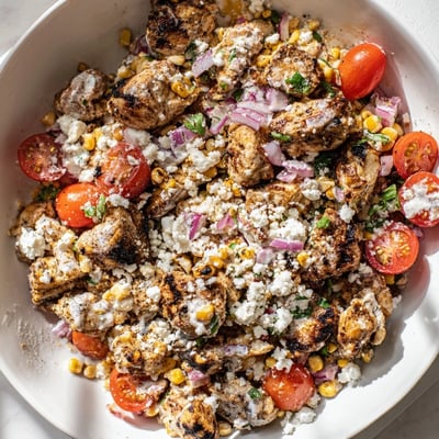 High Protein Chicken Street Corn Salad featuring bright red tomatoes and smoky charred corn resting on a rustic wooden spoon with creamy yogurt dressing.